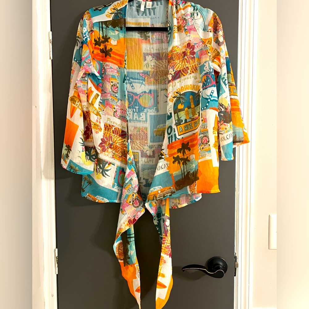 Cato Brand, Tropical Print with postcard details Women's tie-front sheer shirt